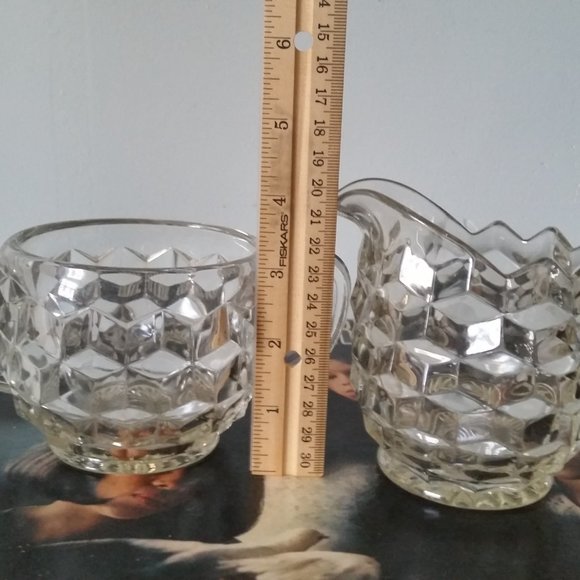 JEANNETTE GLASS COMPANY CUBE/CUBIST PATTERN CREAMER AND OPEN SUGAR BOWL VINTAGE - Picture 4 of 7